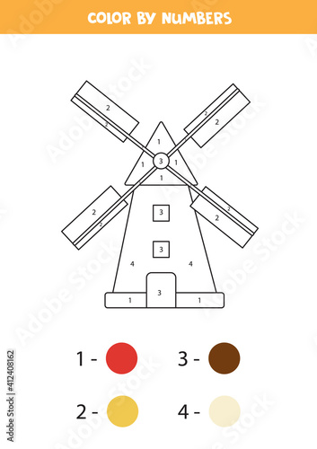 Coloring page with cartoon mill. Color by numbers. Math game