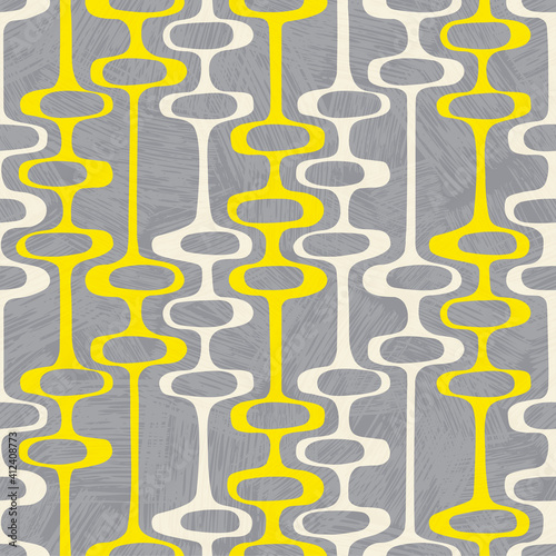 Seamless abstract mid century modern pattern for backgrounds, fabric design, wrapping paper, scrapbooks and covers. Retro design of organic oval shapes and stripes. Vector in grey and yellow.