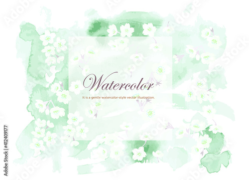 桜模様のグリーンの水彩風背景イラスト