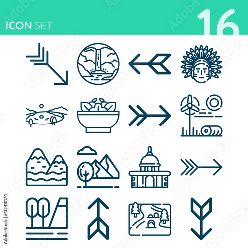 Simple set of 16 icons related to creek