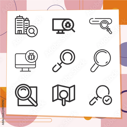 Simple set of 9 icons related to searcher