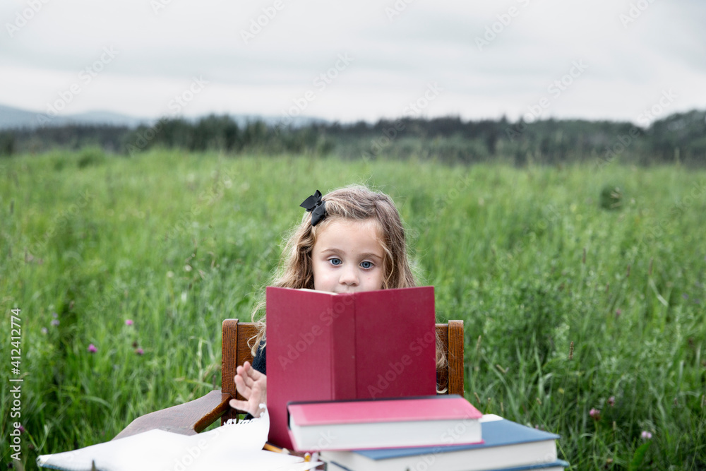 a girl sitting at a desk in a field reading a book a girl sitting at a desk in a field reading a book