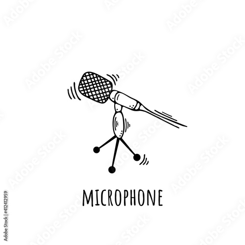 Microphone podcast doodle. Online concept. Modern scetch vector illustration for blogger. Digital background.