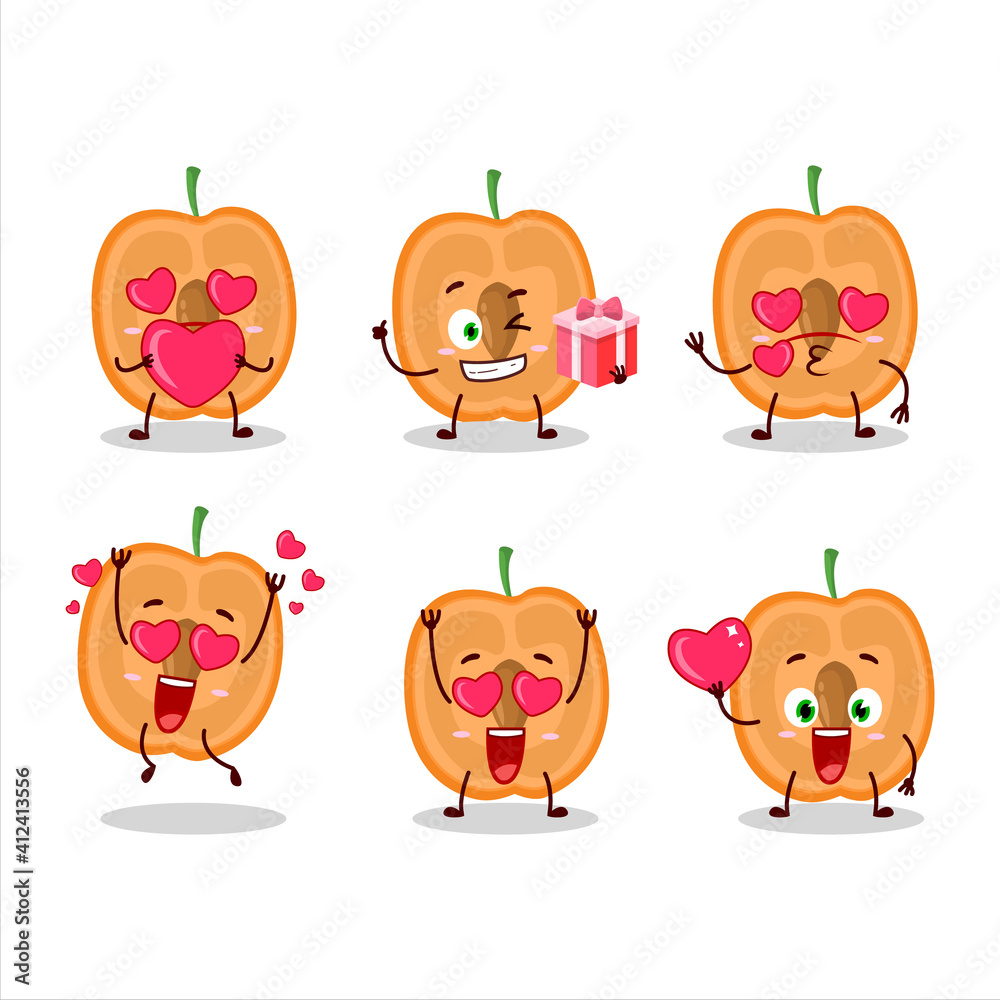 Slice of apricot cartoon character with love cute emoticon