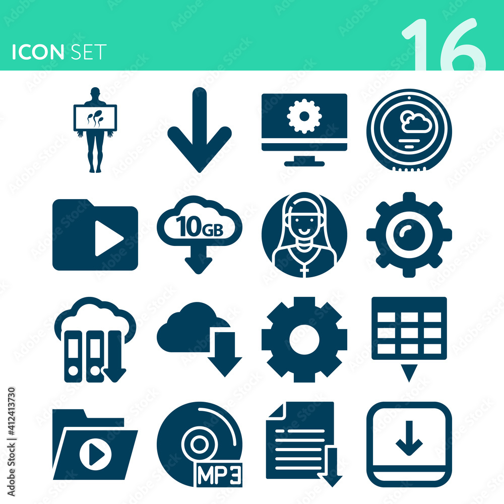 Simple set of 16 icons related to disk Simple set of 16 icons related to disk
