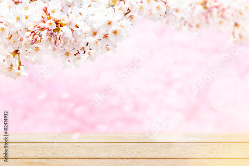 Spring cherry blossom background with wood grain board at the bottom 5825