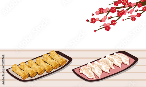 Set of steamed dumplings and springs roll on the table with peach blossom decoration. Isolated vector illustration.