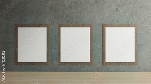 The blank picture frames on cement wall for background 3d rendering