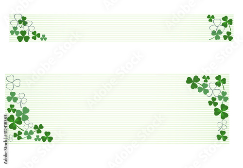 Banner illustration with multiple clovers and horizontal stripes in the background.