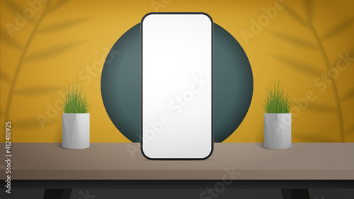 A telephone with a white screen stands on a wooden table. A realistic yellow room with a stylish design. Ready banner for your advertisement. Vector.