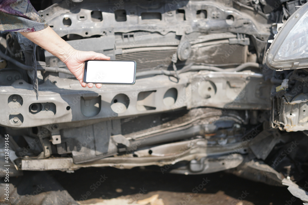 hand take photo of crashed damaged broken car. automobile crash accident