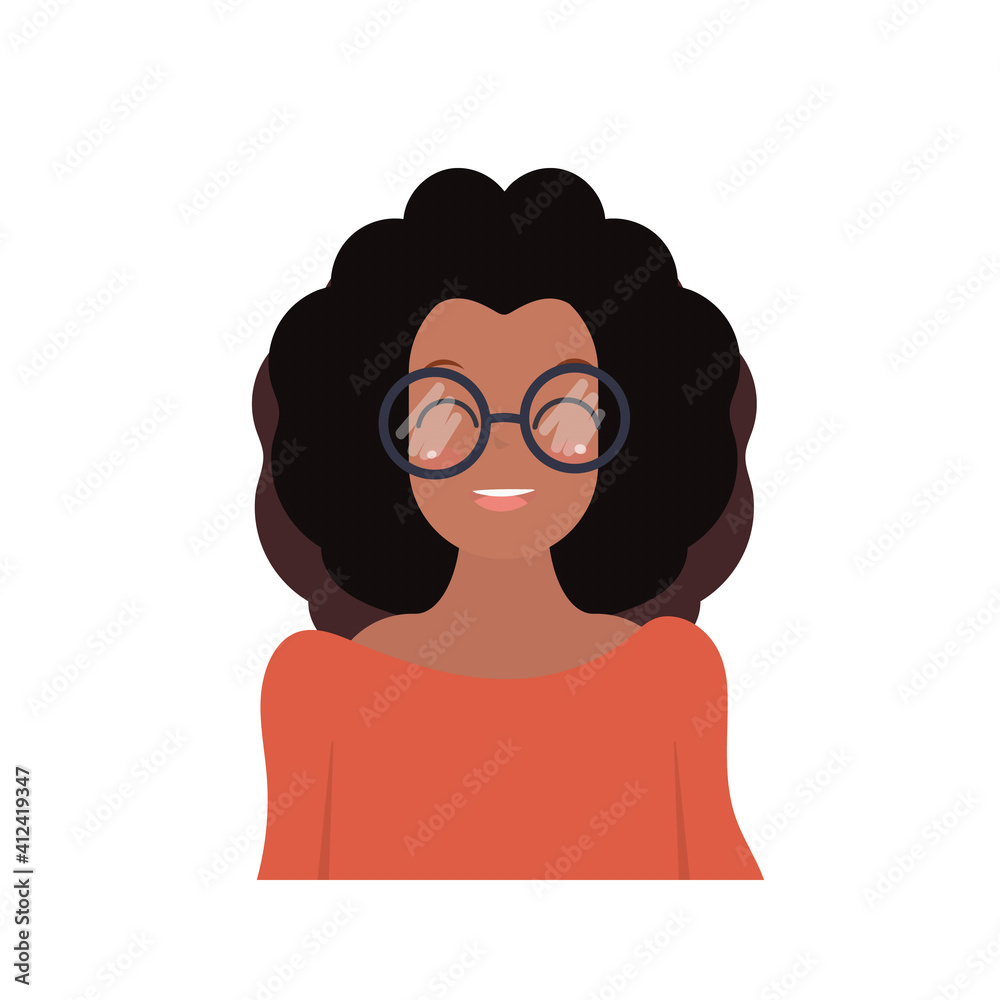 African-American girl with glasses. A dark-skinned cute girl with black curly hair. Cartoon style. Vector illustration. Isolated on white background. African-American girl with glasses. A dark-skinned cute girl with black curly hair. Cartoon style. Vector illustration. Isolated on white background.