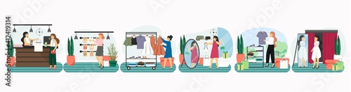 Women shopping and buying clothes in clothing shop or apparel boutique. Fashion dress concept vector illustration. Female customers trying dress in dressing room. Fashion store interior