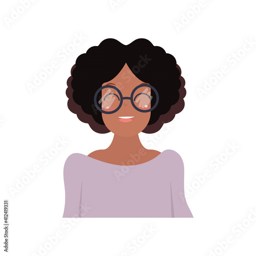 African-American girl with glasses. A dark-skinned cute girl with black curly hair. Cartoon style. Vector illustration. Isolated on white background.