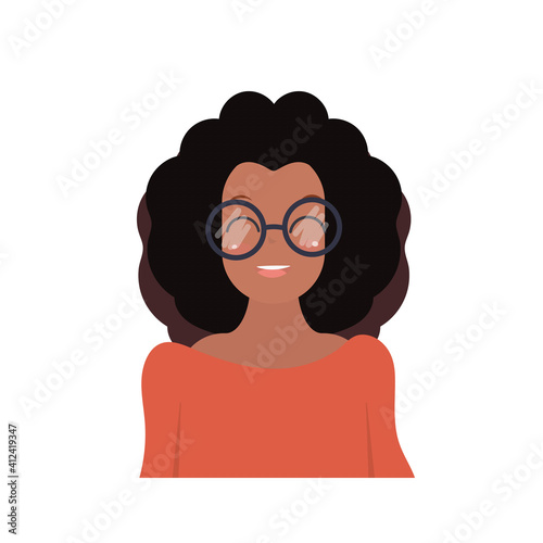 African-American girl with glasses. A dark-skinned cute girl with black curly hair. Cartoon style. Vector illustration. Isolated on white background.
