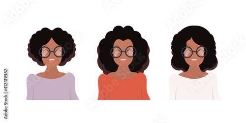 Set of African American girls with glasses. A dark-skinned cute girl with black curly hair. Cartoon style. Vector illustration. Isolated on white background.