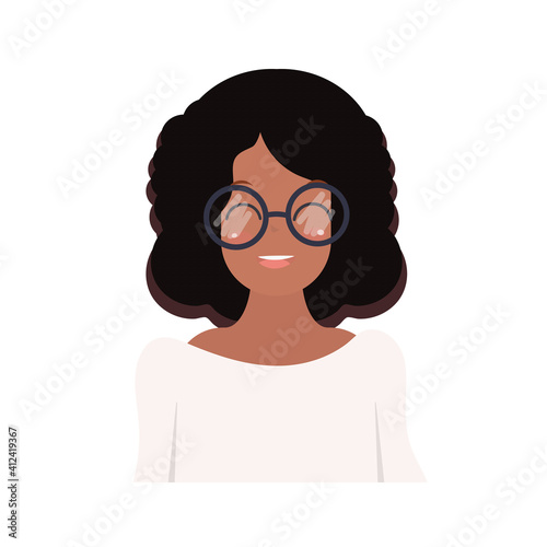 African-American girl with glasses. A dark-skinned cute girl with black curly hair. Cartoon style. Vector illustration. Isolated on white background.