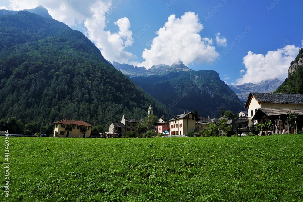 View on Sonogno over green meadow
