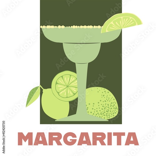 Glass of Margarita cocktail with a slice of lime vector illustration