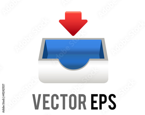 Vector mail, document paper tray icon with red down arrow for email inbox