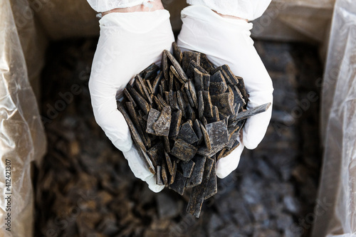 Hands with gloves scooping pieces of pure raw dark chocolate photo