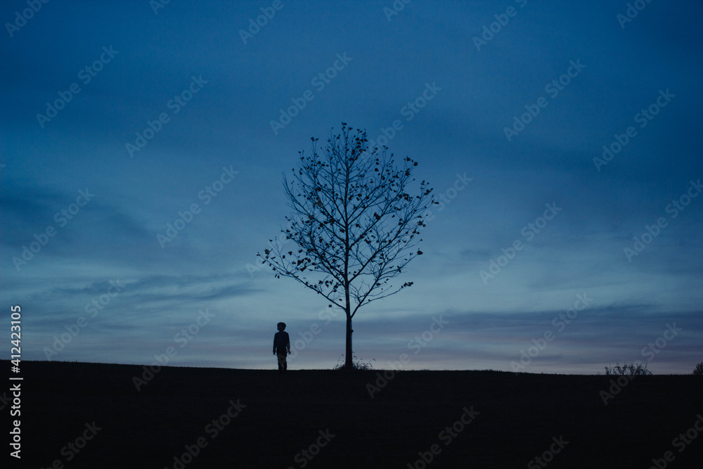 Boy Standing Near Small Tree in the Distance Boy Standing Near Small Tree in the Distance