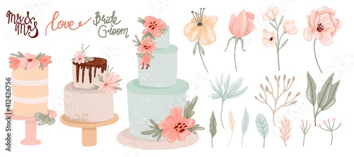 Wedding decor collection. Hand drawn festive cakes, leaves flowers and lettering in pastel colors, contemporary birthday delicious confectionery and botanical decoration, modern vector isolated set
