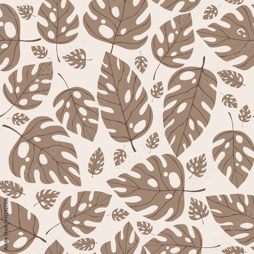 Floral seamless with hand drawn color exotic monstera leaves. Cute summer background. Tropic brown branches. Modern floral compositions. Fashion vector illustration for wallpaper, fabric, textile