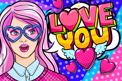 Beautiful girl with pink hair wearing glasses in the shape of hearts. Happy Valentine's day lettering in pop art style.