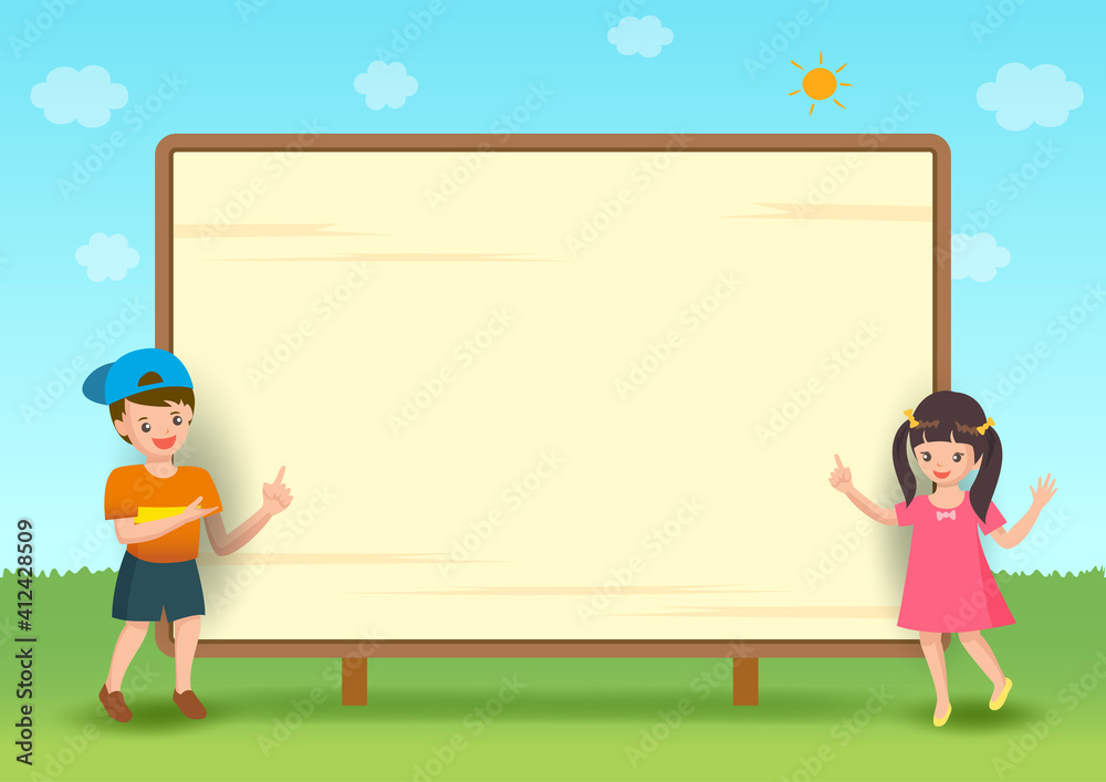 Kids frame with boy and girl on park background.