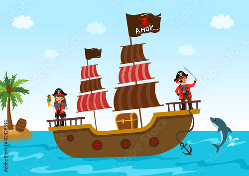 Photography Illustration of pirate boy and girl with ship and treasure chest on ocean background