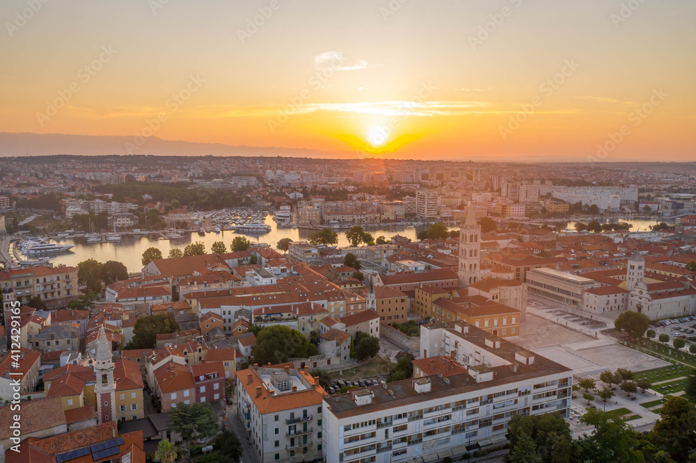 Aerial drone shot of Zadar old town during sunrise hour in Croatia Dalmatia area