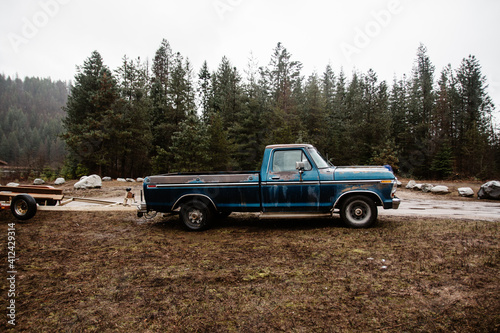 Old truck parked at a boat launch in North Idaho