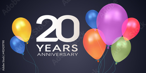 20 years anniversary vector icon, logo, banner. Horizontal design element with air balloons
