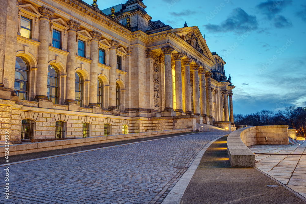 The entrance of the famous Reichstag in Berlin at dawn