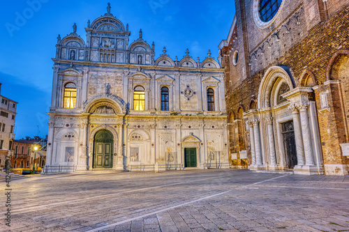 The Scuola Grandi die San Marco with San Zanipolo church in Venice, Italy, at night