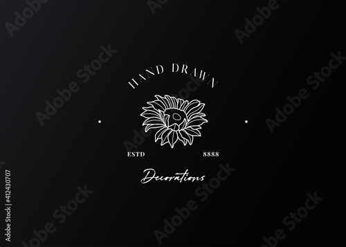 Sunflower Hand Drawn Logo Design Template. Abstract Flower Icon Line Art Vector