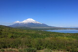 山中湖と冨士山　　　明神山からの眺め。山中湖の東にある明神山から、山中湖と富士山を一望する。春、手前の草原も緑に草が大地を彩る。