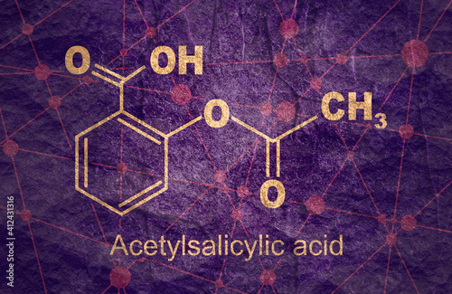 Structural chemical formula of acetylsalicylic acid. Aspirin molecule. Lines and dots connected background photo