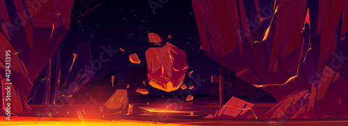Night alien planet space landscape with rocks and glow lava in cracks. Extraterrestrial mountains panoramic view with stars on sky, pc game background, cosmos exploring, Cartoon vector illustration