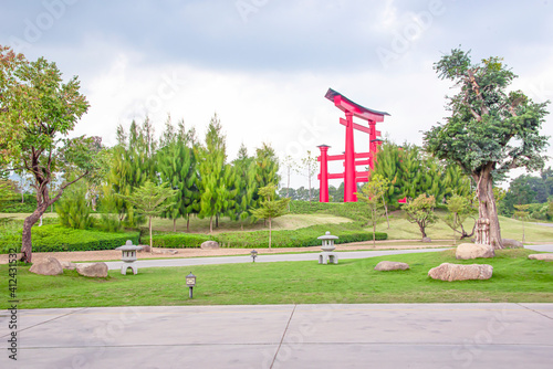 The torii in front of the entrance of Hinoki House, Chiang Mai, Thailand photo