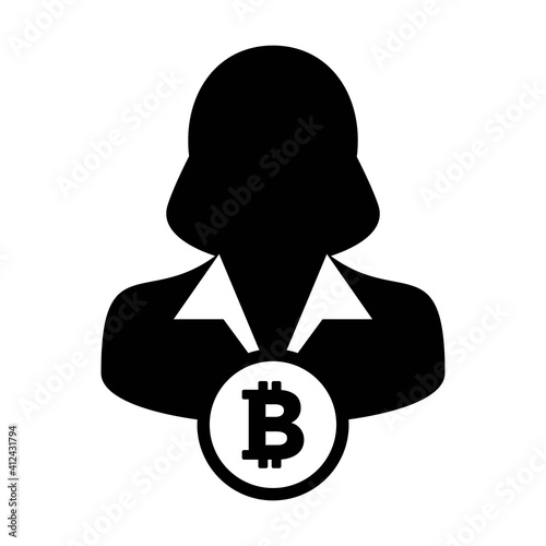 Crypto icon vector bitcoin digital currency symbol with female person profile avatar for wallet in a glyph pictogram illustration