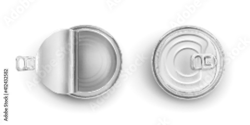 Metal tin can for food isolated on white background. Vector realistic mockup of blank round aluminum container with ring pull on lid, open and closed steel canister top view