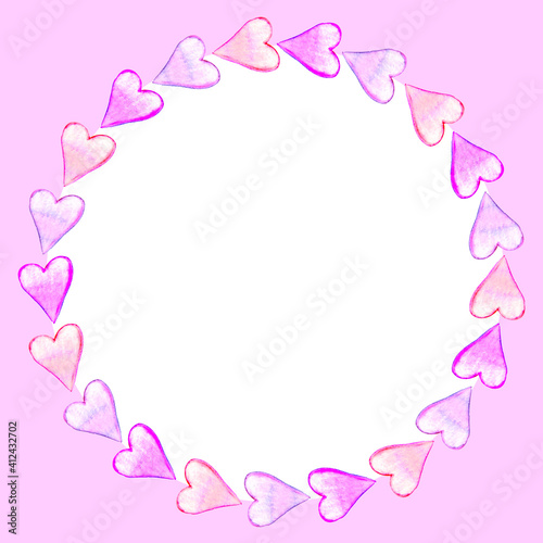 Hand drawn round frame, border from watercolor hearts. Romance symbol of love, background, decoration for invitation, Valentine's day, greeting card, wedding