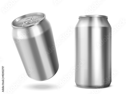Tin can with open key front and angle view. Blank cylinder metal jar with pull ring on lid, silver colored aluminium canister for cold drink isolated on white background, Realistic 3d vector mockup