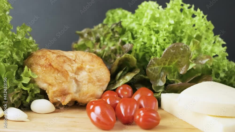Fresh ingredients for Caesar salad. Macro video. Top view, 4k stop motion animation. Fresh ingredients for Caesar salad. Macro video. Top view, 4k stop motion animation.