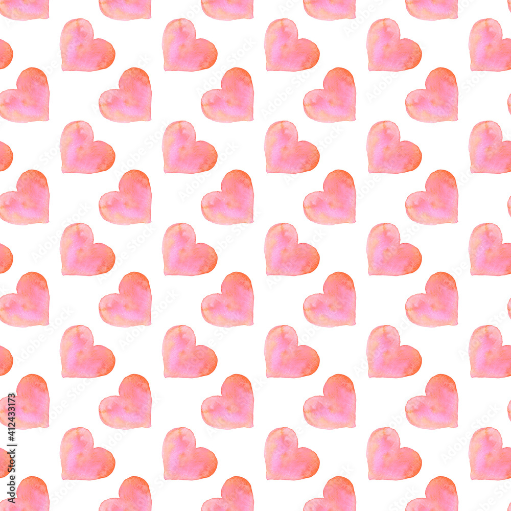 Seamless pattern with watercolor hearts. Romantic love hand drawn backgrounds texture. For greeting cards, wrapping paper, wedding, birthday, fabric, textile, Valentines Day, mothers Day, easter