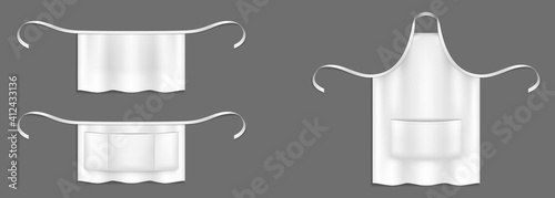 Chef aprons, white cook uniform 3d vector mockup. Kitchen or bakery staff bibs or pinafore with front pocket and strings isolated realistic templates. Restaurant, cafe or barbecue party garment design