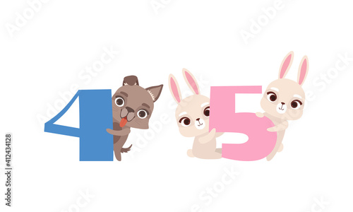 Four and Five Numbers with Cute Puppy and Rabbit, Birthday Anniversary Numerals with Funny Animals Cartoon Vector Illustration