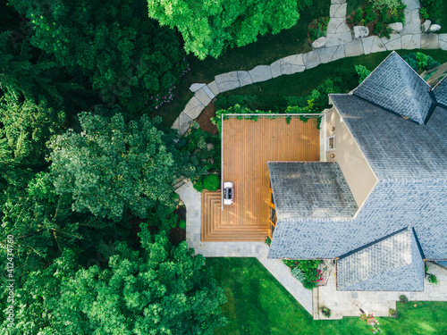 Overhead view of a BBQ grill on a deck